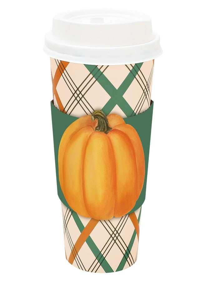 JarThenaAMCS 48 Set Fall Disposable Coffee Cups with Lids Sleeves Green Orange Plaid Pumpkin Drinking Cup Watercolor Paper Cup for Autumn Thanksgiving Party Supplies - Image 1