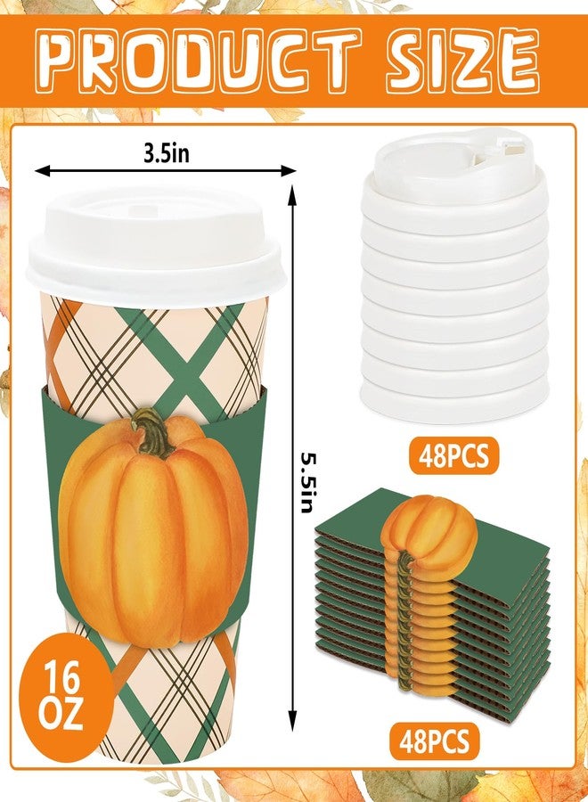 JarThenaAMCS 48 Set Fall Disposable Coffee Cups with Lids Sleeves Green Orange Plaid Pumpkin Drinking Cup Watercolor Paper Cup for Autumn Thanksgiving Party Supplies - Image 2