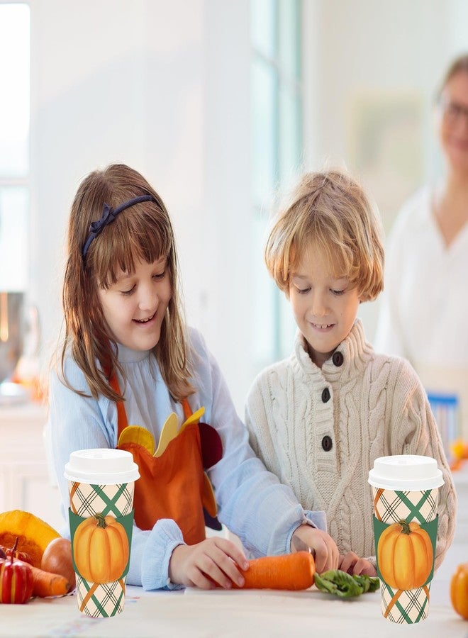 JarThenaAMCS 48 Set Fall Disposable Coffee Cups with Lids Sleeves Green Orange Plaid Pumpkin Drinking Cup Watercolor Paper Cup for Autumn Thanksgiving Party Supplies - Image 4