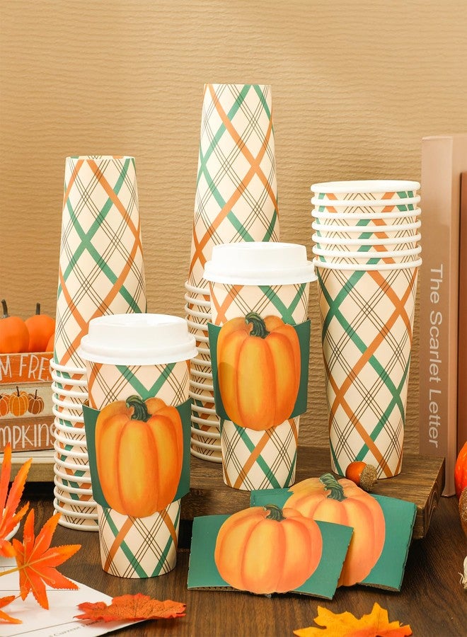JarThenaAMCS 48 Set Fall Disposable Coffee Cups with Lids Sleeves Green Orange Plaid Pumpkin Drinking Cup Watercolor Paper Cup for Autumn Thanksgiving Party Supplies - Image 5
