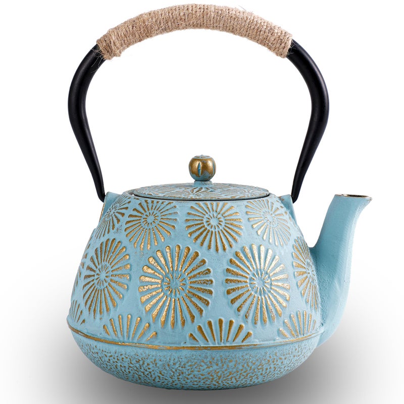 TiwisiTe Japanese Tetsubin Cast Iron Teapot, 40oz (1200ml) Enamel-Coated Stovetop Kettle with Stainless Steel Infuser & Heat-Resistant Handle, Traditional Iron Pot for Tea Ceremony (blue and gold) - Image 1