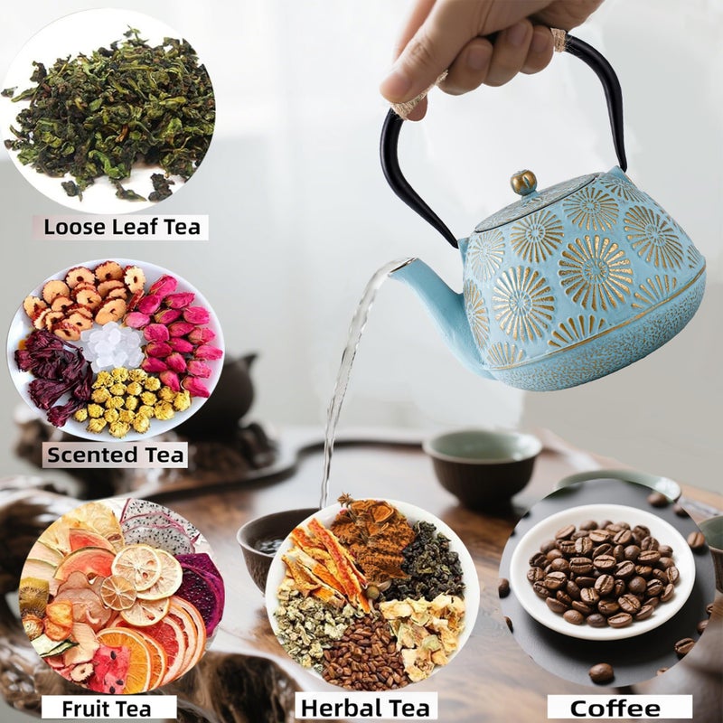 TiwisiTe Japanese Tetsubin Cast Iron Teapot, 40oz (1200ml) Enamel-Coated Stovetop Kettle with Stainless Steel Infuser & Heat-Resistant Handle, Traditional Iron Pot for Tea Ceremony (blue and gold) - Image 5