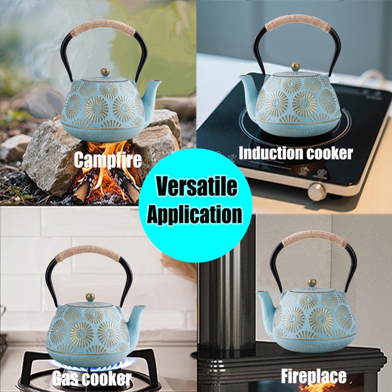 TiwisiTe Japanese Tetsubin Cast Iron Teapot, 40oz (1200ml) Enamel-Coated Stovetop Kettle with Stainless Steel Infuser & Heat-Resistant Handle, Traditional Iron Pot for Tea Ceremony (blue and gold) - Image 4