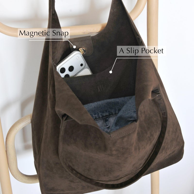 Hoxis Soft Faux Suede Tote Bag for Women - Magnetic Closure Hobo Handbag, Casual Vegan Leather Purseâ€‹ (Coffee) - Image 5