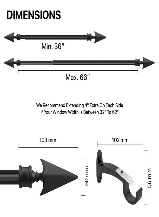 Essential Deco Essential Black Arrow Curtain Rods for Windows & Doors 36 to 66 Inch Adjustable Long Drapery Rods with Flat Arrow Finials & Brackets Set, 3/4 Inch - Image 4