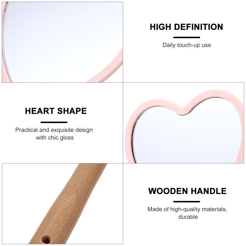 Unomor Wood Handle Cosmetic Mirror With Pink Heart Design For Women Travel - Image 4