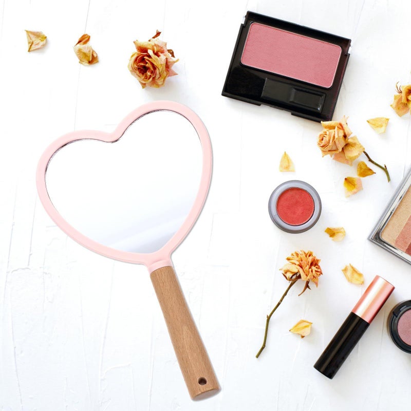Unomor Wood Handle Cosmetic Mirror With Pink Heart Design For Women Travel - Image 5