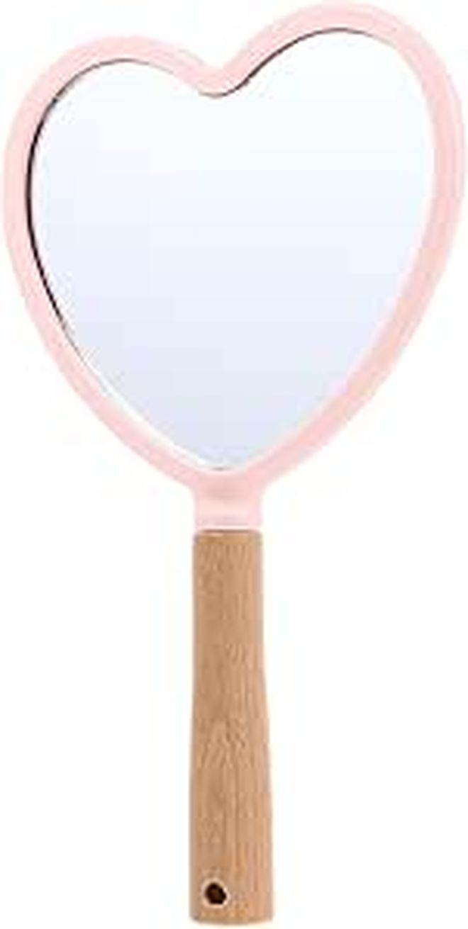 Unomor Wood Handle Cosmetic Mirror With Pink Heart Design For Women Travel - Image 1