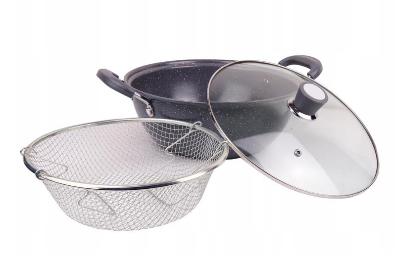 Olpad Stir Fry Pan 24cm with Lid Steamer Fryer Pot Pans with Lid Frying Basket and Steam Rack Nonstick Wok Pan Deep Fry Basket Multifunction Steam Rinse Strain Fry Strainer Net - Image 1