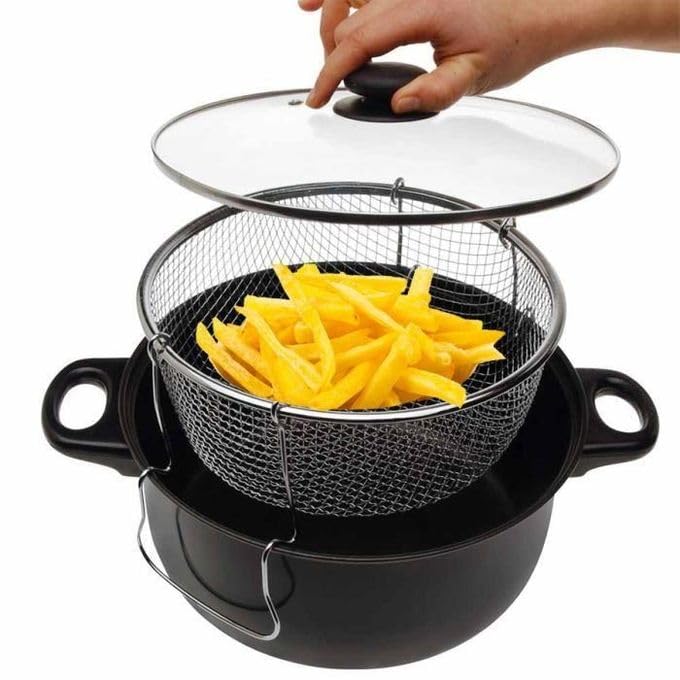 Olpad Stir Fry Pan 24cm with Lid Steamer Fryer Pot Pans with Lid Frying Basket and Steam Rack Nonstick Wok Pan Deep Fry Basket Multifunction Steam Rinse Strain Fry Strainer Net - Image 2