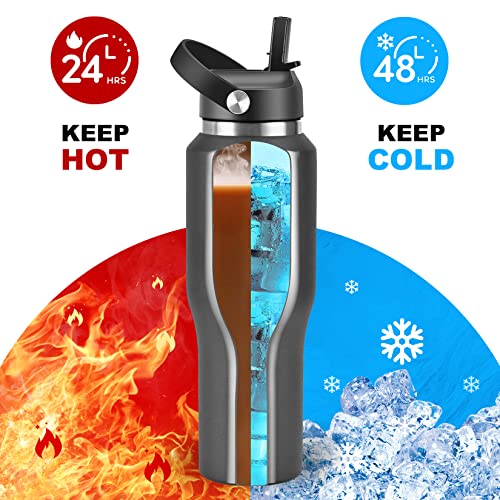 HYDROWION 32oz Stainless Steel Water Bottle(Cold for 48 Hrs, Hot for 24 Hrs),Double Wall Vacuum Insulated Water Bottle with Straw Lid, Spout Lid and Flex Cap, Fit in Any Car Cup Holder,Black - Image 2