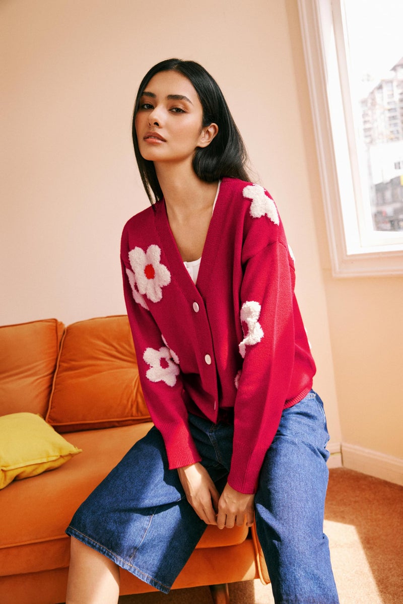 CIDER Womens Cardigan V Neck Floral Cardigan for Women Knit Button Down 2024 Fall Red - Image 4