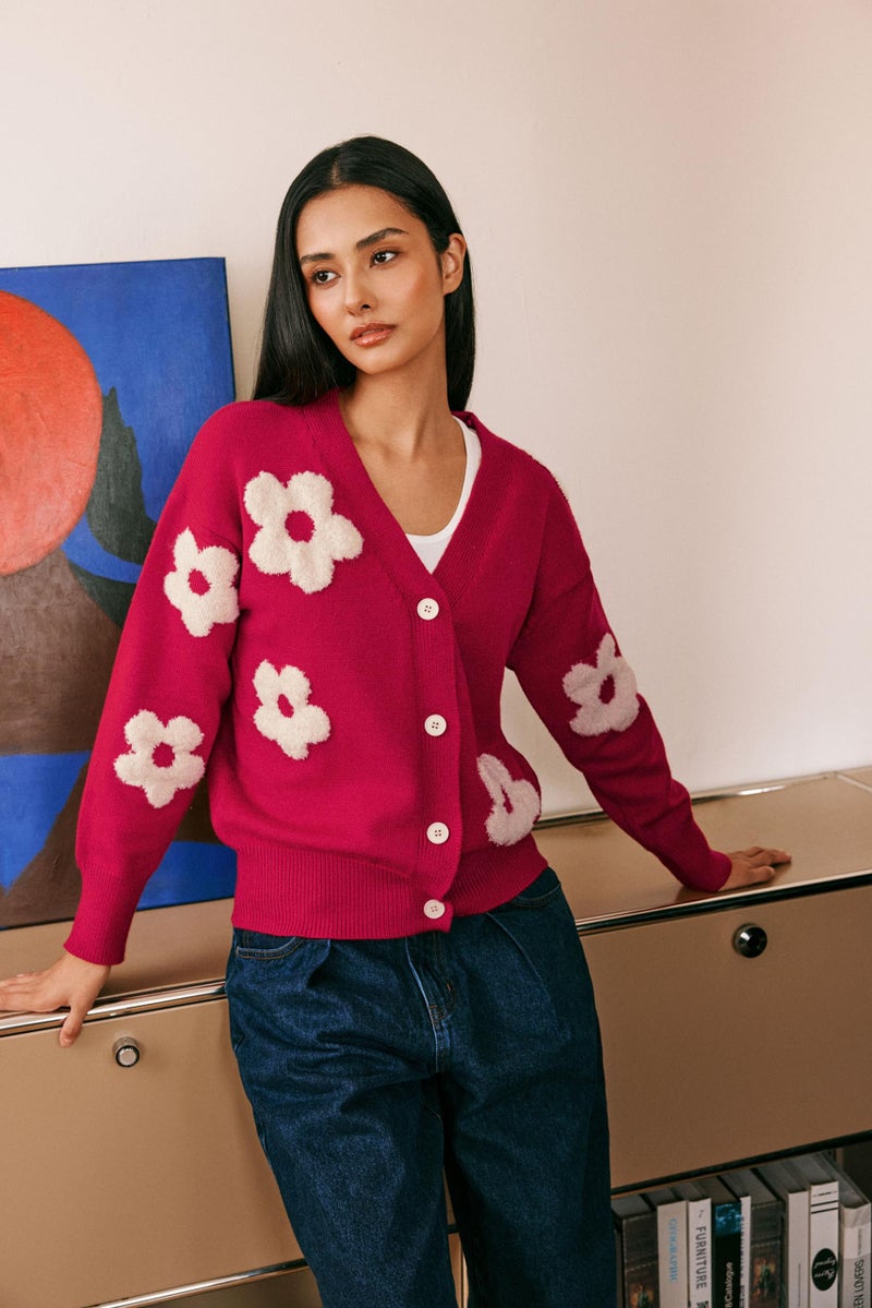 CIDER Womens Cardigan V Neck Floral Cardigan for Women Knit Button Down 2024 Fall Red - Image 3