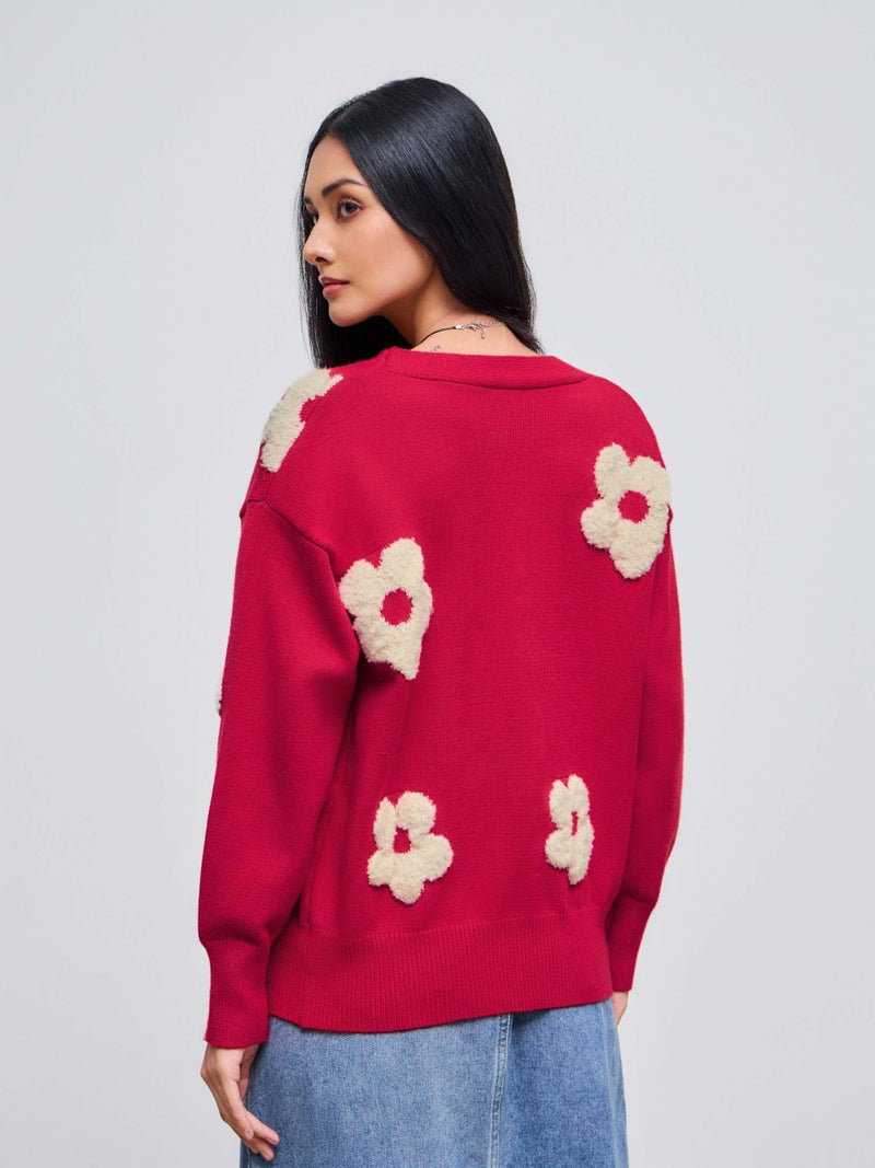 CIDER Womens Cardigan V Neck Floral Cardigan for Women Knit Button Down 2024 Fall Red - Image 5