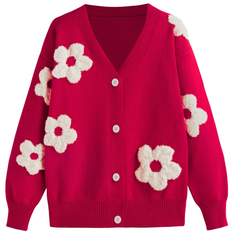 CIDER Womens Cardigan V Neck Floral Cardigan for Women Knit Button Down 2024 Fall Red - Image 1