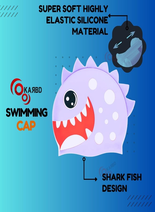 KARBD Silicone Swimming Cap Unisex Soft Waterproof Swimming Pool Head Cap Water Sports Long Hair for Children Kids Boys Girls of All Age - Universal Size, Shark Fish Design Purple - Image 2