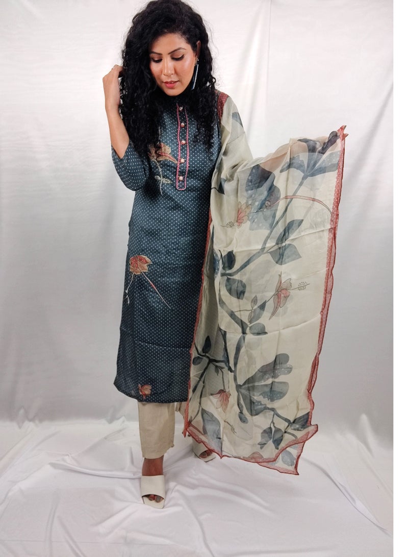 PRIYA’S PANACHE PRIYA'S PANACHE Blue Muslin Kurta Pant Dupatta Set – Ethnic Indian Wear for Women | Festive & Party Outfit  - Image 1