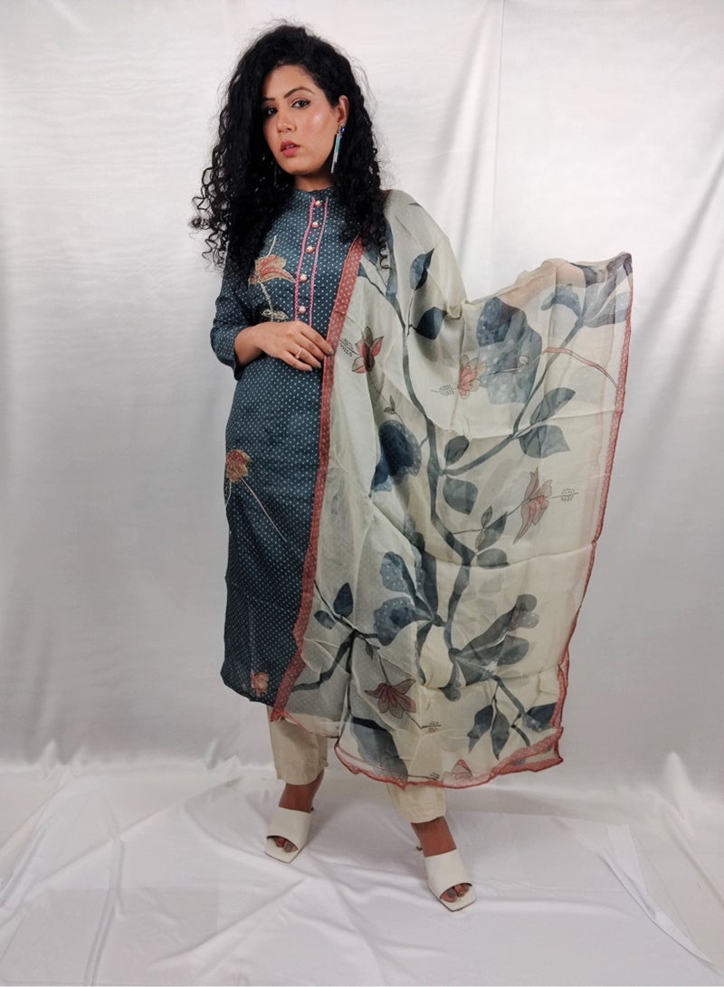 PRIYA’S PANACHE PRIYA'S PANACHE Blue Muslin Kurta Pant Dupatta Set – Ethnic Indian Wear for Women | Festive & Party Outfit  - Image 4