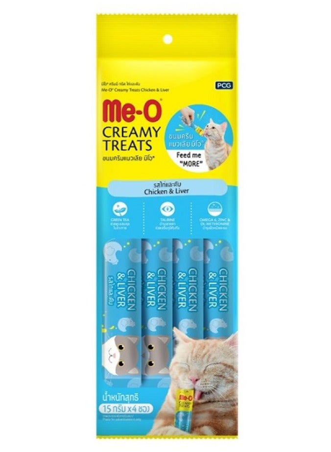 Me-O Cat Wet Treat With Chicken & Liver Flavor - 4x15g - Healthy Cat Snacks with Taurine, Omega-6, Zinc, and Green Tea Extract For All Life Stages - Image 1