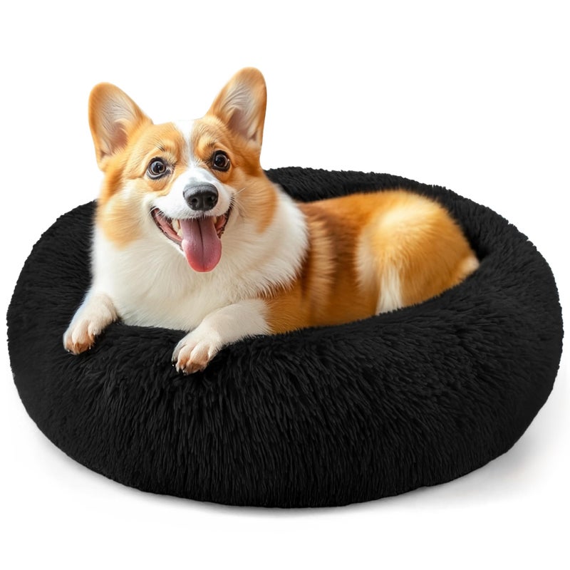 Hoewina 28in Large Dog Bed, Medium Size Dog and Cats, Calming Donut Bed for Puppy and Kitten, Washable Round Fluffy Pet Bed (Black) - Image 1