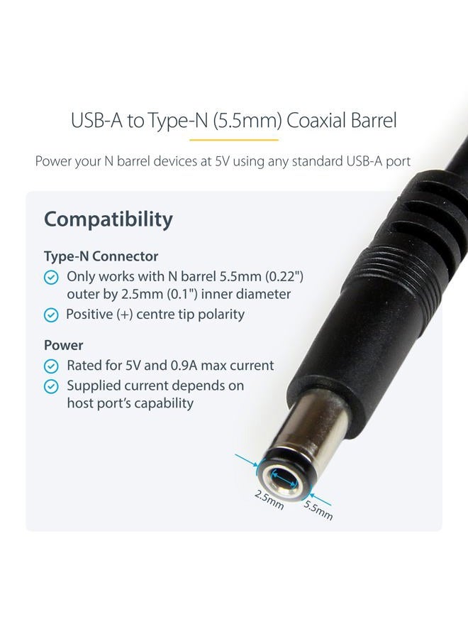 Startech.com 1m USB to Type N Barrel 5V DC Power Cable - USB A to 5.5mm DC - 1 Meter USB to 5.5mm DC Plug (USB2TYPEN1M), Black - Image 2