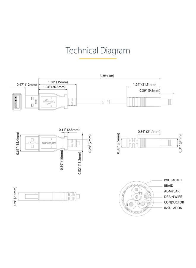 Startech.com 1m USB to Type N Barrel 5V DC Power Cable - USB A to 5.5mm DC - 1 Meter USB to 5.5mm DC Plug (USB2TYPEN1M), Black - Image 3