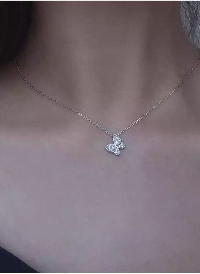 Generic - Unique women necklace with butterfly design pendant encrusted with sparkling crystals distinctive women accessory silver color - Image 1
