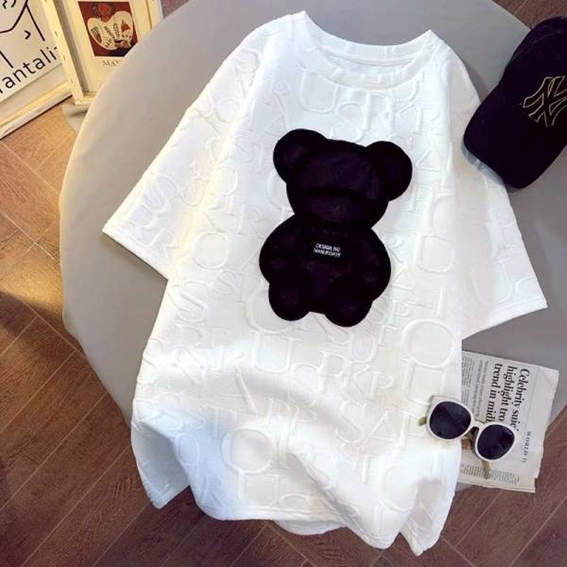 Short-sleeved T-shirt Women's Spring and Summer Fashion Korean-style Loose Lazy Style Ins Summer Embroidered Bear Half-sleeved Top Base Shirt - Image 3