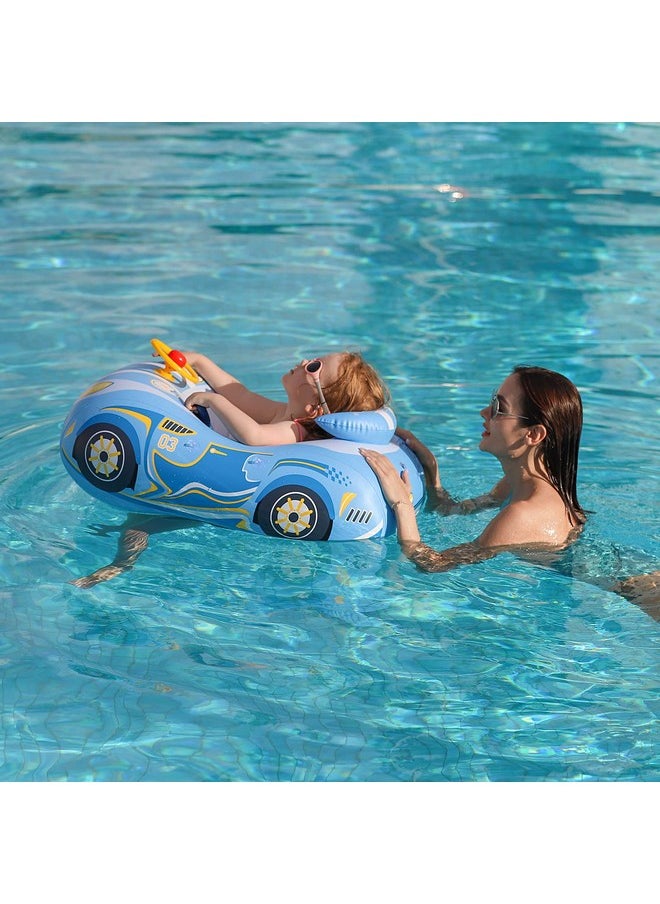 SwimBoBo - Toddler Pool Float Inflatable Car Baby Swim Float With Adjustable Sun Canopy And Safety Seat Pool Toys For Kids 1-4 Years Old (Blue Sports Car) - Image 1
