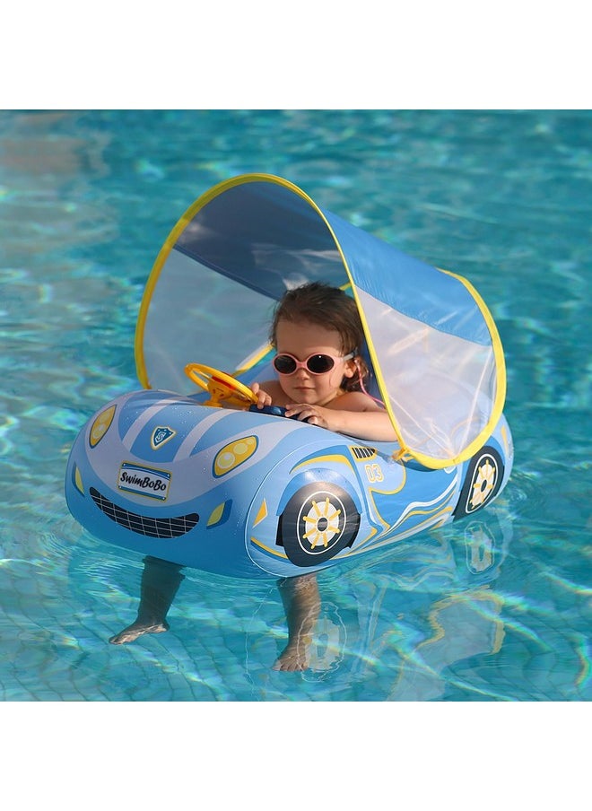 SwimBoBo - Toddler Pool Float Inflatable Car Baby Swim Float With Adjustable Sun Canopy And Safety Seat Pool Toys For Kids 1-4 Years Old (Blue Sports Car) - Image 1