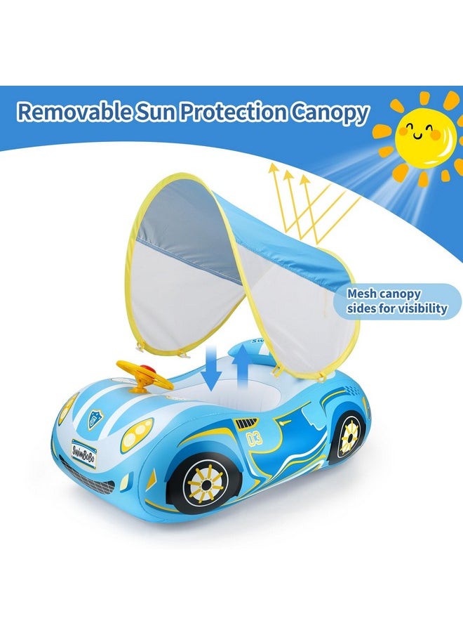 SwimBoBo - Toddler Pool Float Inflatable Car Baby Swim Float With Adjustable Sun Canopy And Safety Seat Pool Toys For Kids 1-4 Years Old (Blue Sports Car) - Image 1