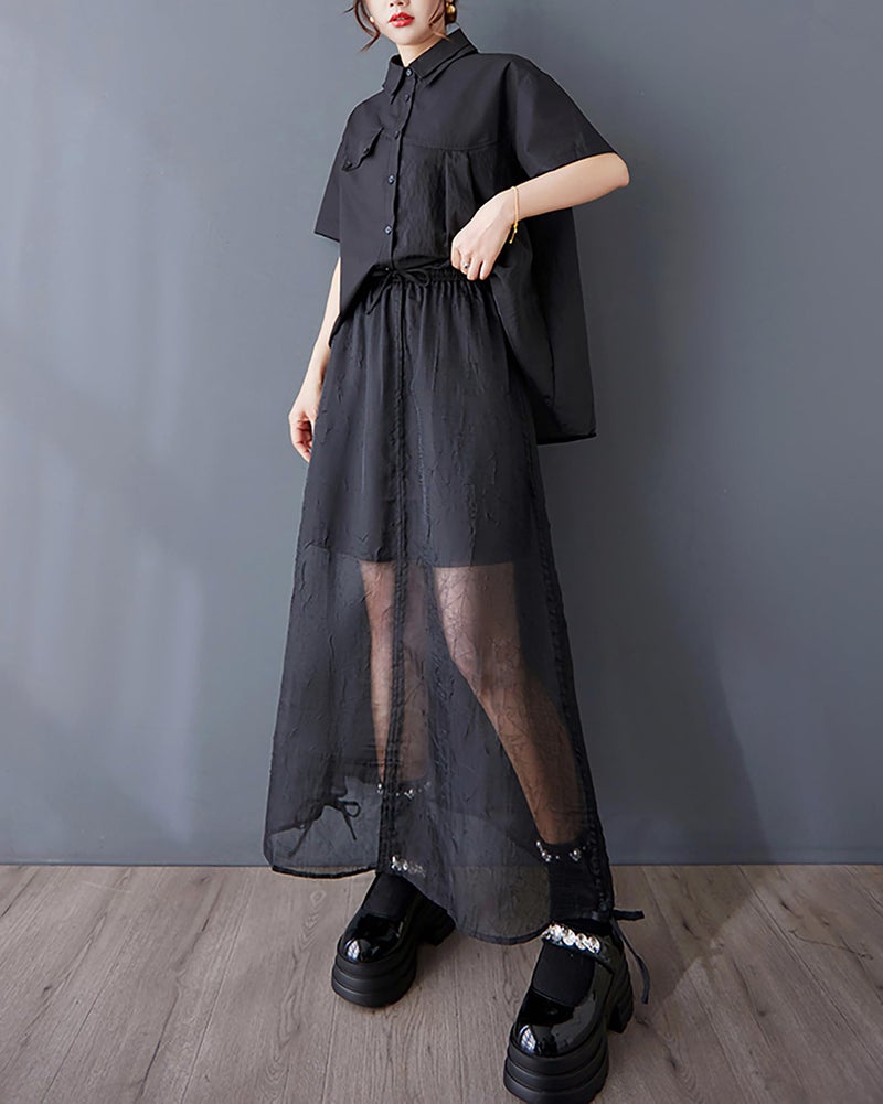 ellazhu Women's Shirt Lapel Short Sleeve Button Down Solid Color Irregular Hem Asymmetrical Cut GZ479 Black - Image 5