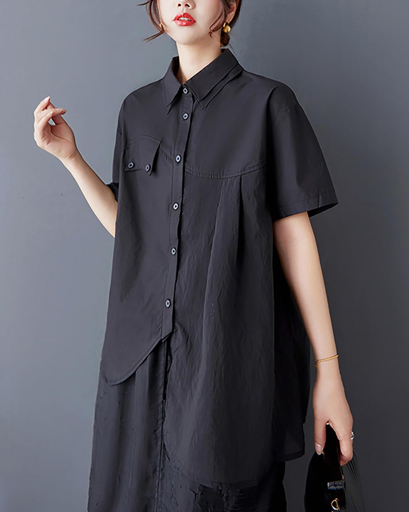 ellazhu Women's Shirt Lapel Short Sleeve Button Down Solid Color Irregular Hem Asymmetrical Cut GZ479 Black - Image 2