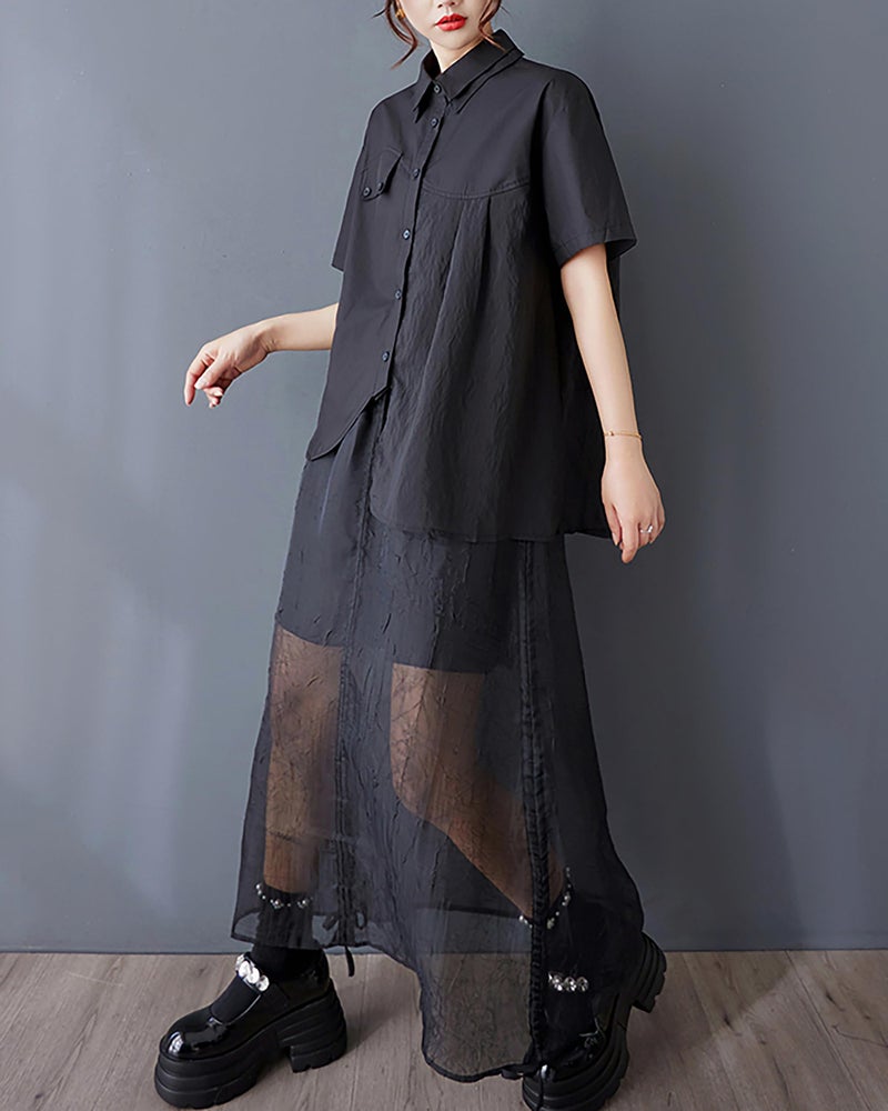 ellazhu Women's Shirt Lapel Short Sleeve Button Down Solid Color Irregular Hem Asymmetrical Cut GZ479 Black - Image 4