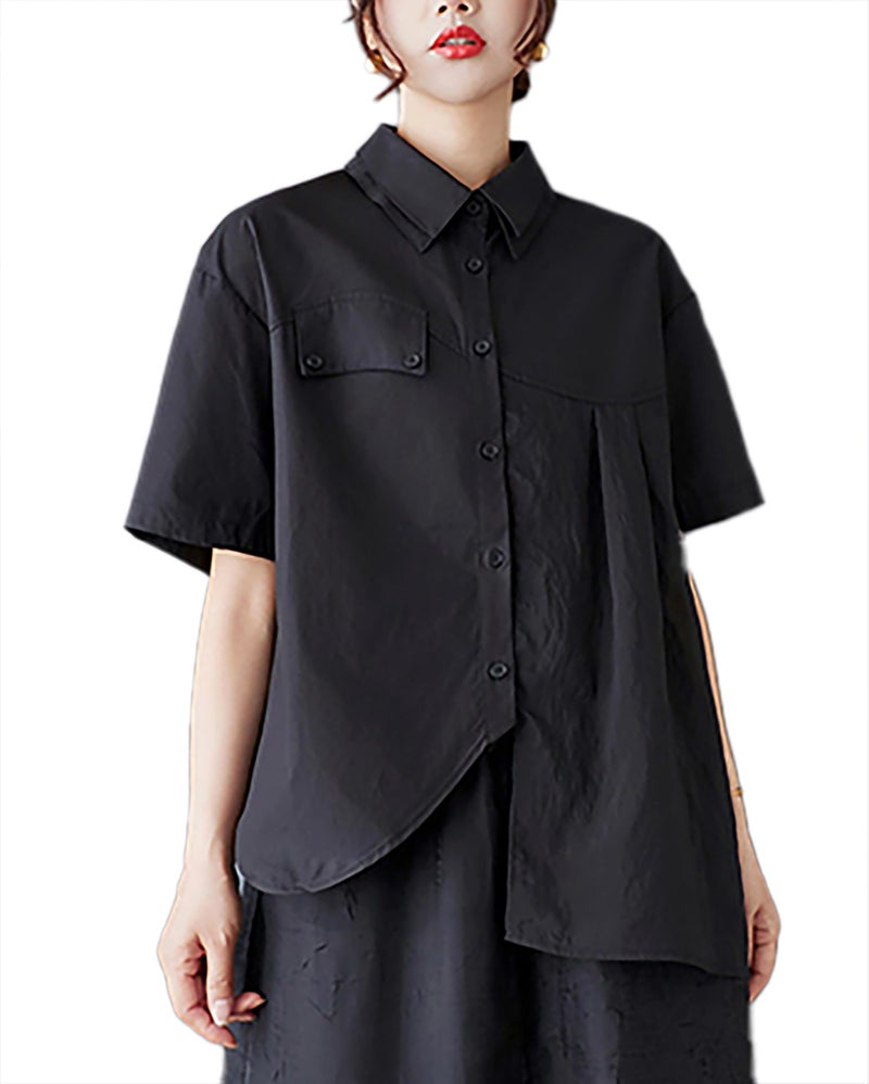 ellazhu Women's Shirt Lapel Short Sleeve Button Down Solid Color Irregular Hem Asymmetrical Cut GZ479 Black - Image 1