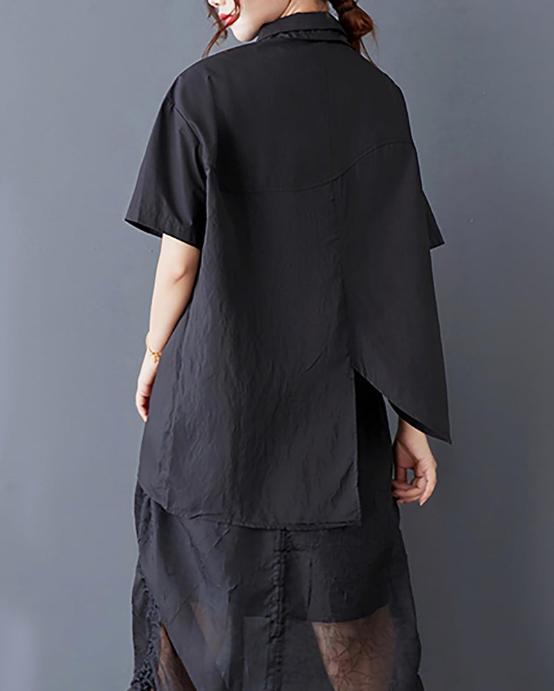 ellazhu Women's Shirt Lapel Short Sleeve Button Down Solid Color Irregular Hem Asymmetrical Cut GZ479 Black - Image 3