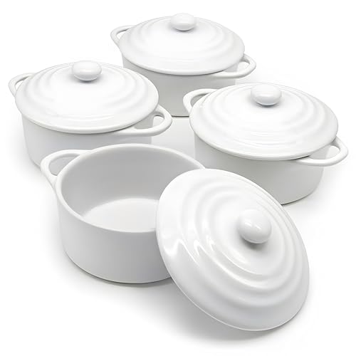Kook Ceramic Mini Cocotte Set, Small Casserole Dishes with Lids and Handles, Individual Baking Ramekins, Oven, Microwave & Dishwasher Safe, Stoneware, 12 oz, Set of 4 (Swiss White) - Image 1