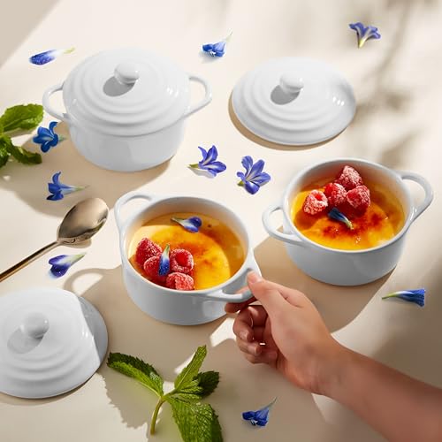 Kook Ceramic Mini Cocotte Set, Small Casserole Dishes with Lids and Handles, Individual Baking Ramekins, Oven, Microwave & Dishwasher Safe, Stoneware, 12 oz, Set of 4 (Swiss White) - Image 2