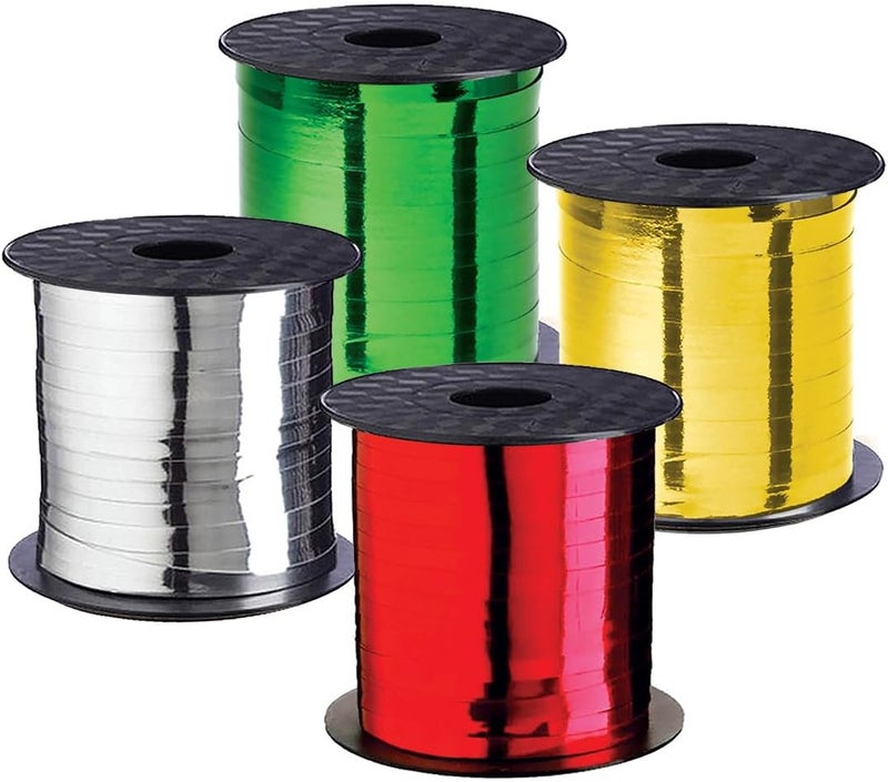 OLYPHAN Xmas Ribbon - Christmas Ribbon Set of 4 Rolls Silver Red Green Gold Curling Ribbons Thin for Holiday Wrapping & Decoration - Image 1