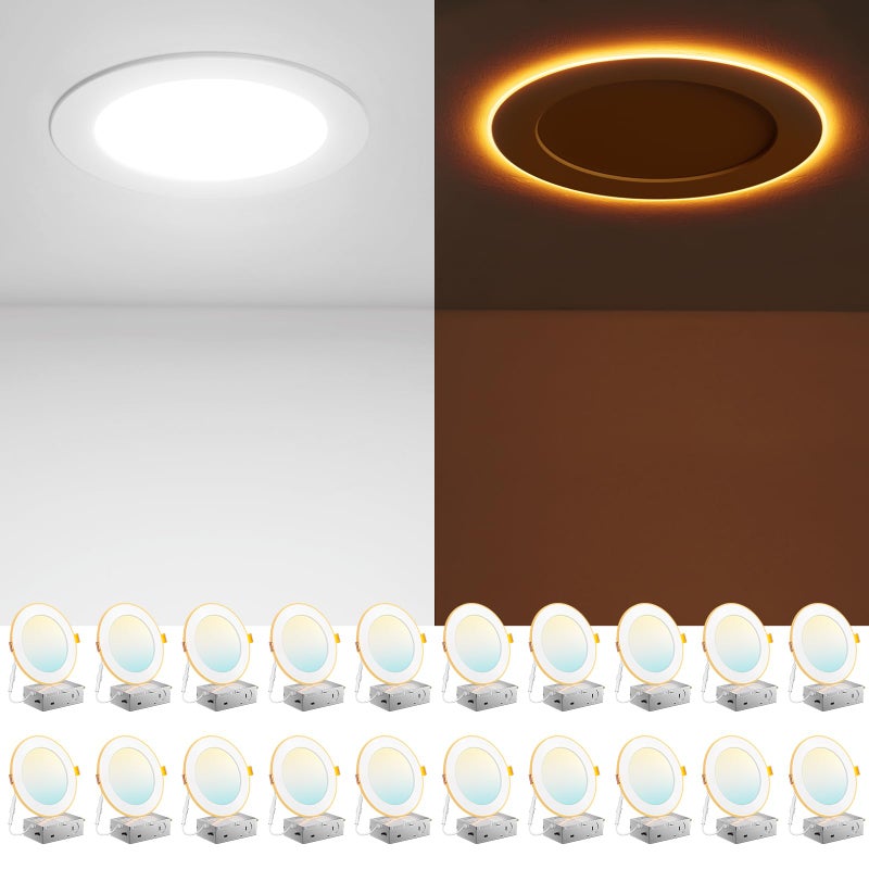 Amico 20 Pack 6 Inch 5CCT LED Recessed Ceiling Light with Night Light, 2700K/3000K/3500K/4000K/5000K Selectable Ultra-Thin Recessed Lighting, 12W=110W, 1100LM, Dimmable Canless Wafer Downlight ETL&FCC - Image 1