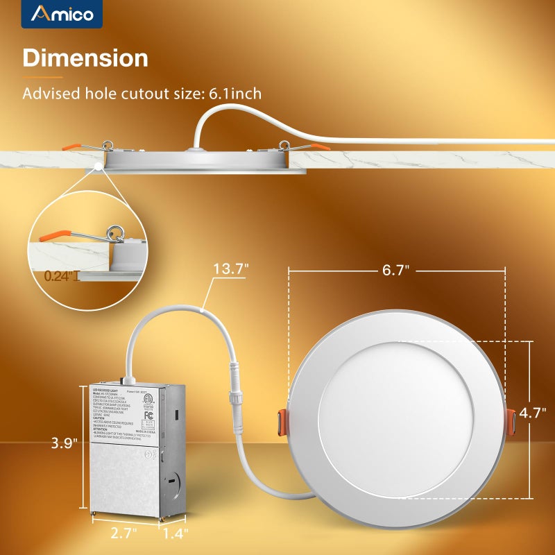 Amico 20 Pack 6 Inch 5CCT LED Recessed Ceiling Light with Night Light, 2700K/3000K/3500K/4000K/5000K Selectable Ultra-Thin Recessed Lighting, 12W=110W, 1100LM, Dimmable Canless Wafer Downlight ETL&FCC - Image 5