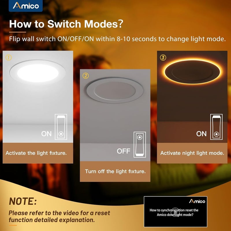 Amico 20 Pack 6 Inch 5CCT LED Recessed Ceiling Light with Night Light, 2700K/3000K/3500K/4000K/5000K Selectable Ultra-Thin Recessed Lighting, 12W=110W, 1100LM, Dimmable Canless Wafer Downlight ETL&FCC - Image 4