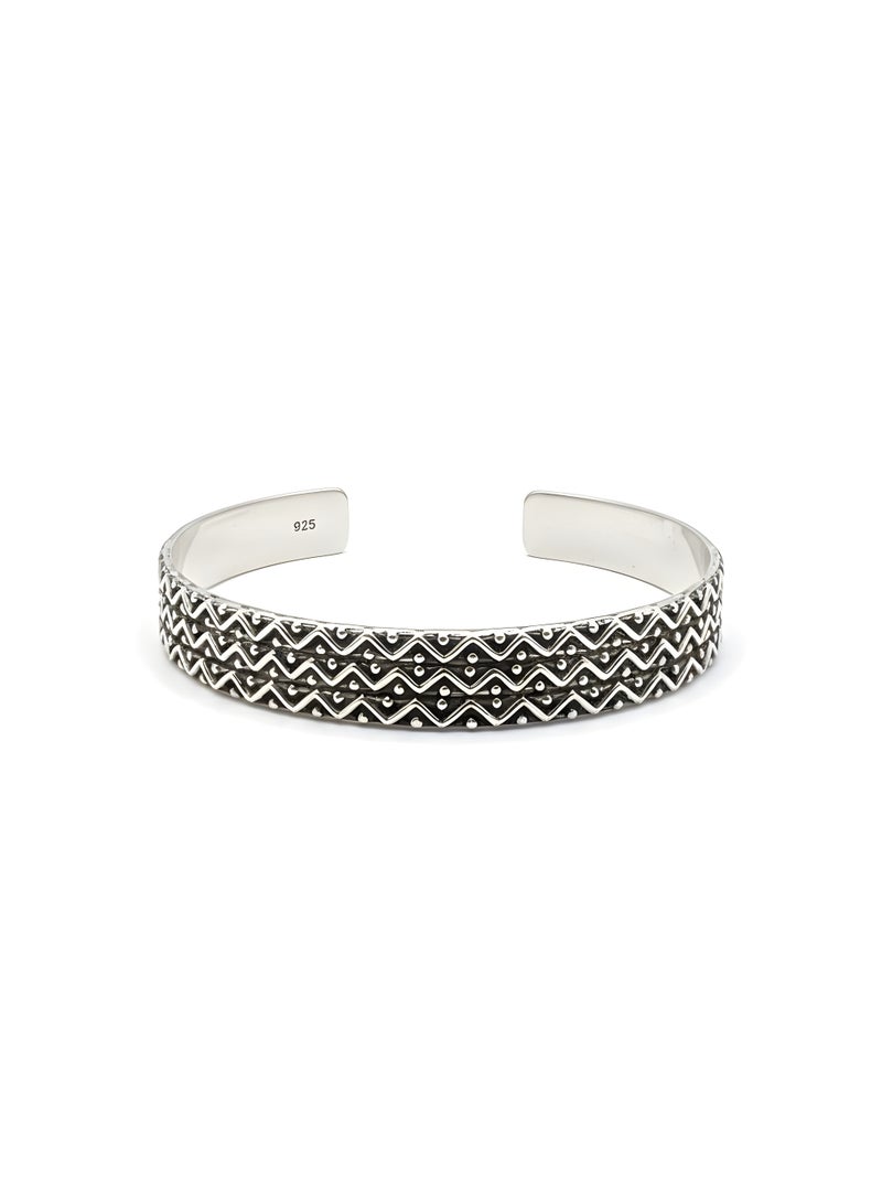 FINE SILVER 925 Sterling Silver Men's Cuff Bracelet with Elegant Zigzag Geometric Pattern - Image 1
