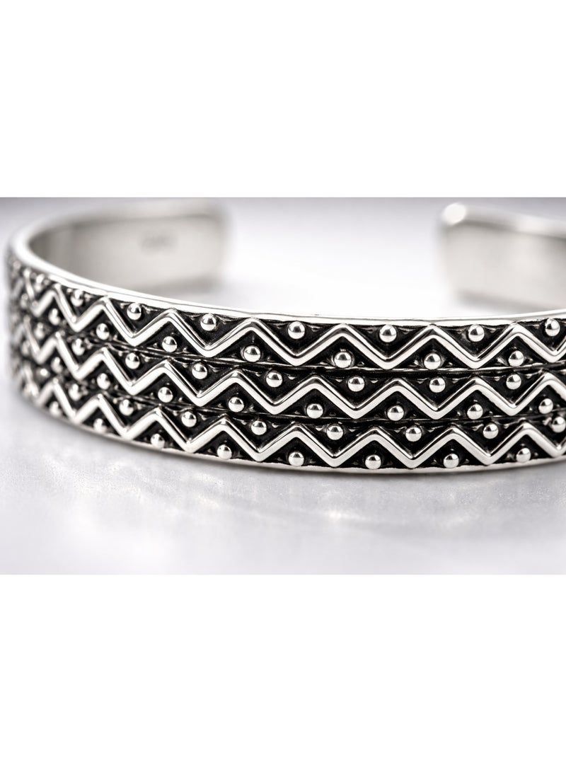 FINE SILVER 925 Sterling Silver Men's Cuff Bracelet with Elegant Zigzag Geometric Pattern - Image 3