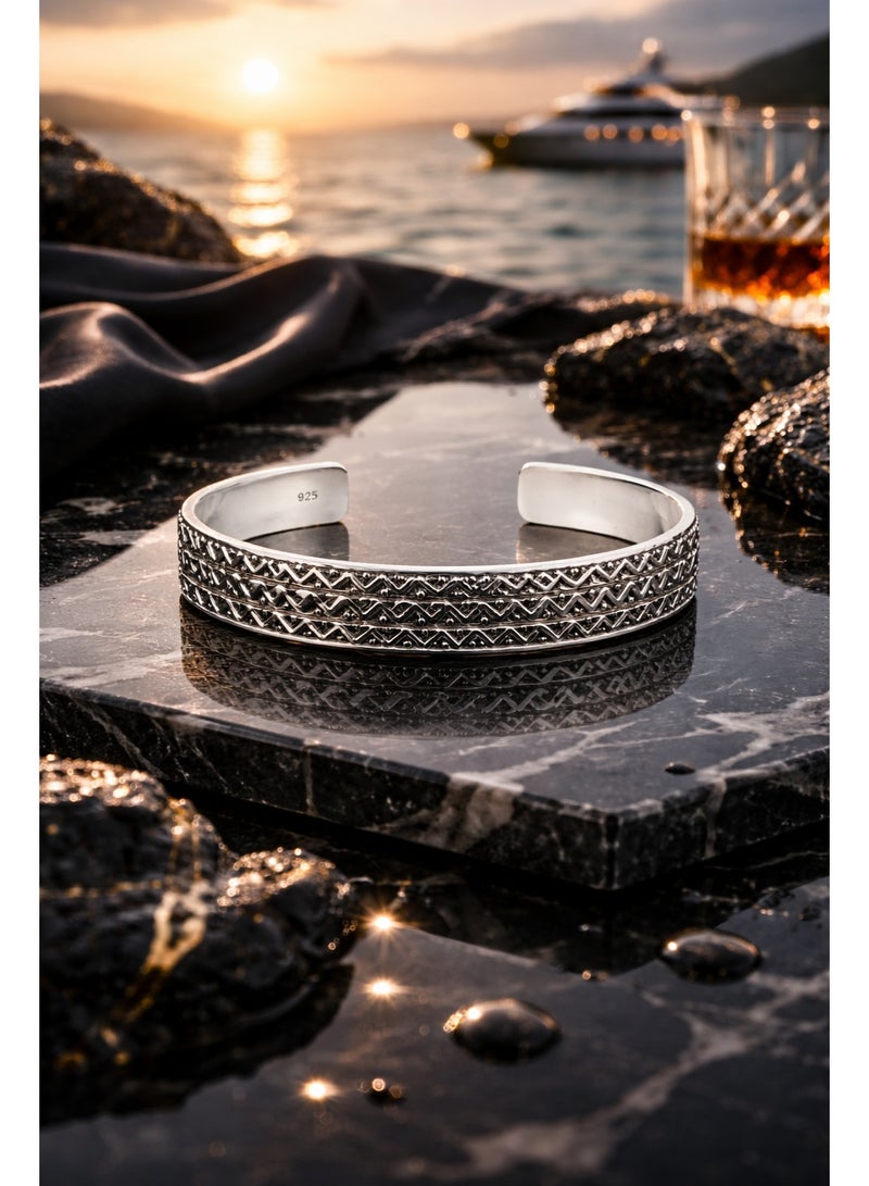 FINE SILVER 925 Sterling Silver Men's Cuff Bracelet with Elegant Zigzag Geometric Pattern - Image 2