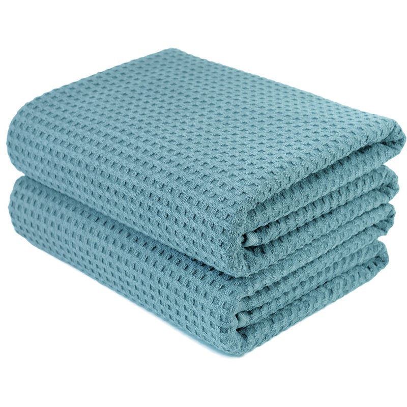 POLYTE Microfiber Oversize Quick Dry Lint Free Bath Towel, 60 x 30 in, Set of 2 (Green, Waffle Weave) - Image 1