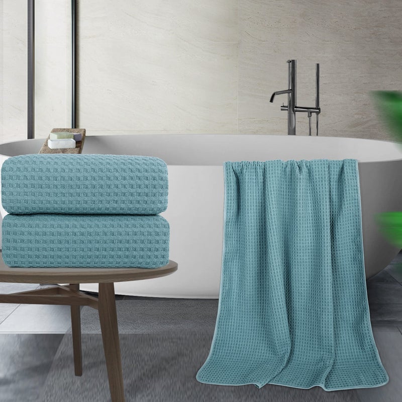 POLYTE Microfiber Oversize Quick Dry Lint Free Bath Towel, 60 x 30 in, Set of 2 (Green, Waffle Weave) - Image 4