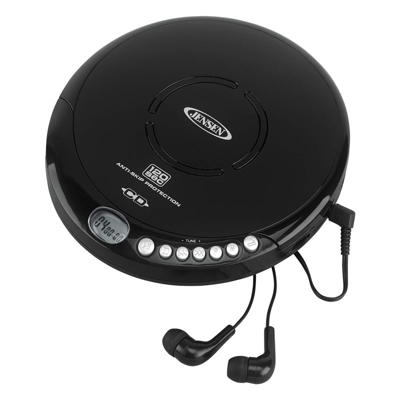 Jensen Portable CD-120 Portable Personal CD Player Compact 120 SEC Anti-Skip CD Player â€“ Lightweight & Shockproof Music Disc Player & FM Radio Pro Sport-Earbuds for Kids & Adults (Black) - Image 1