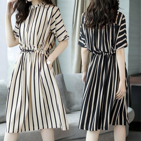 Summer Dress 2022 Korean-style Waist Elegant Fashionable Casual Loose Mid-length Vertical Stripe Dress for Women White  - Image 3