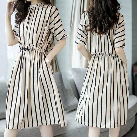 Summer Dress 2022 Korean-style Waist Elegant Fashionable Casual Loose Mid-length Vertical Stripe Dress for Women White  - Image 1